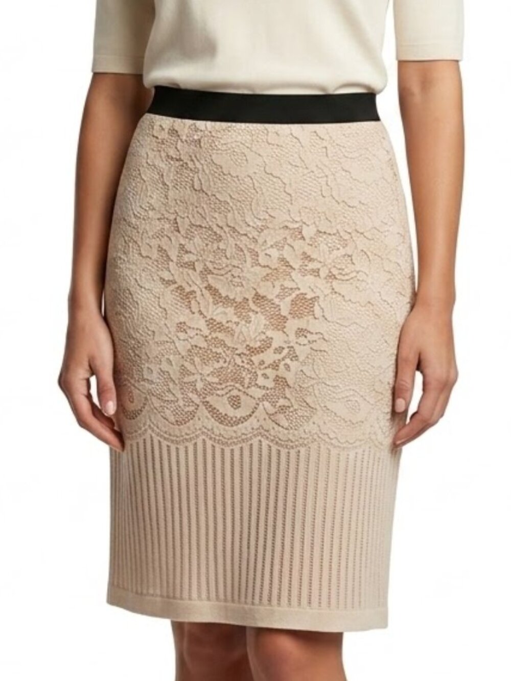 H&M Coquette Balletcore Floral Lace Midi Skirt Nude Beige Black Waistband Size L
